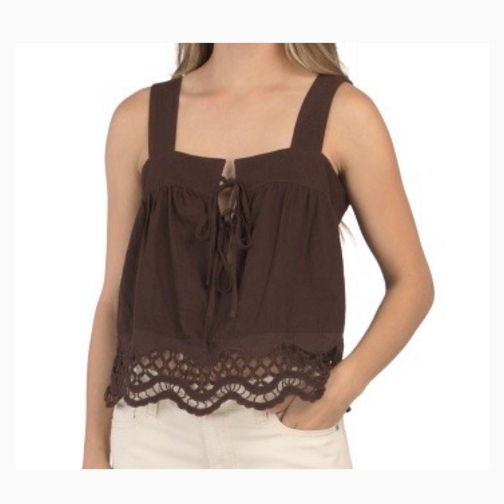 Rachel Zoe Brown Linen Blend Crochet Hem Tie Front Tank Blouse Size Large NWT